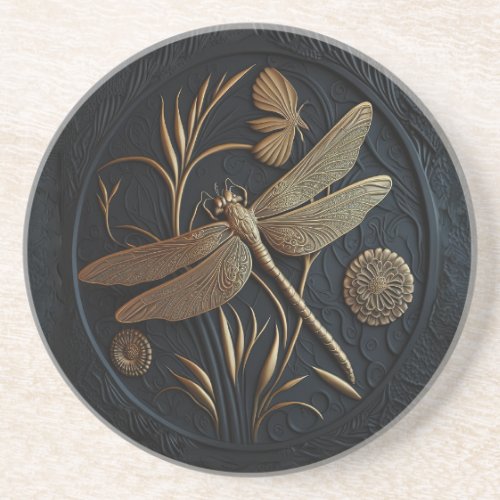 Elegant Golden Dragonfly in Bronze Filigree Coaster