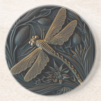 Elegant Golden Dragonfly in Bronze Filigree Coaster