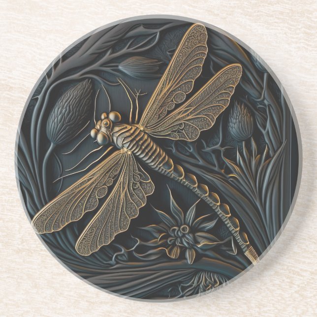 Elegant Golden Dragonfly in Bronze Filigree Coaster (Front)