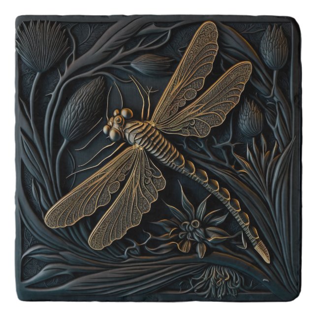 Elegant Golden Dragonfly in Bronze Filigree Trivet (Front)