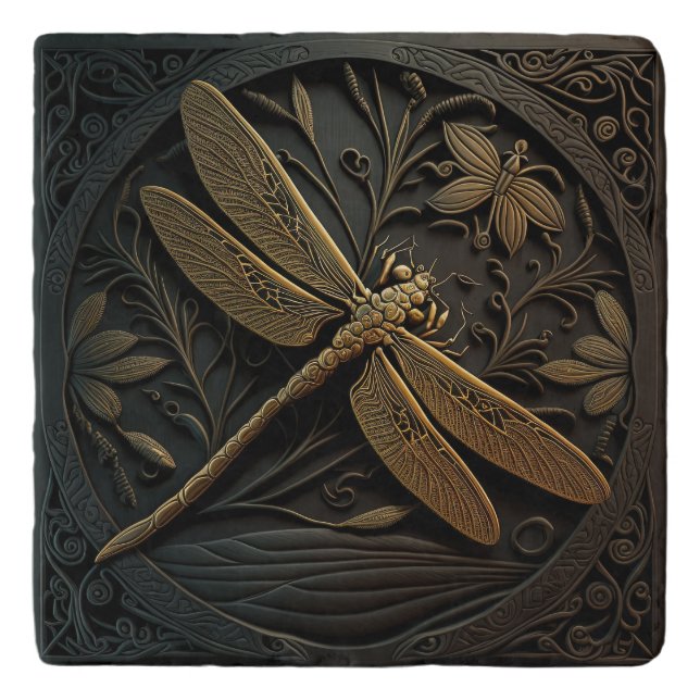 Elegant Golden Dragonfly in Bronze Filigree Trivet (Front)