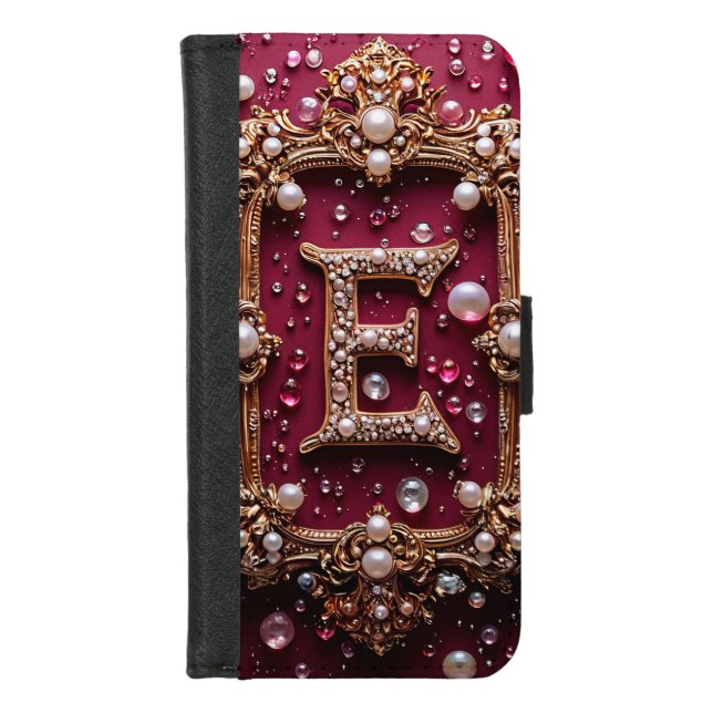 Elegant Golden E Letter Monogram iPhone Wallet Case (Front)