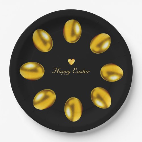 Elegant Golden Easter Eggs on Black Paper Plates