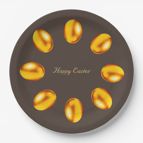 Elegant Golden Easter Eggs on Brown Beige Paper Plates