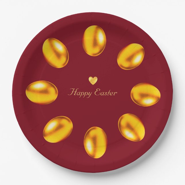 Elegant Golden Easter Eggs on Burgundy Paper Plates (Front)