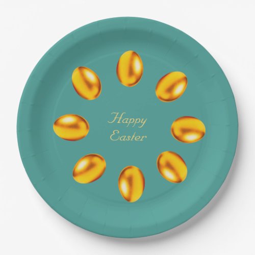 Elegant Golden Easter Eggs on Teal Paper Plates