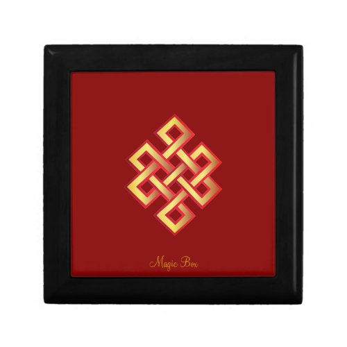 Elegant golden endless knot on burgundy gift box