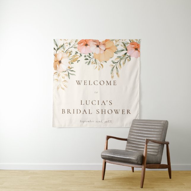 Elegant Golden Fall flowers Bridal Shower Welcome Tapestry (In Situ)