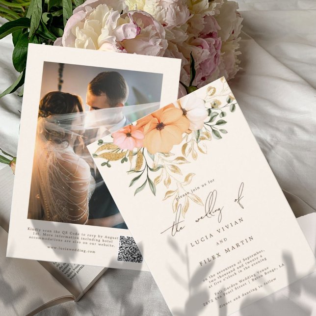 Elegant Golden Fall flowers Photo&QR Code Wedding Invitation (Creator Uploaded)