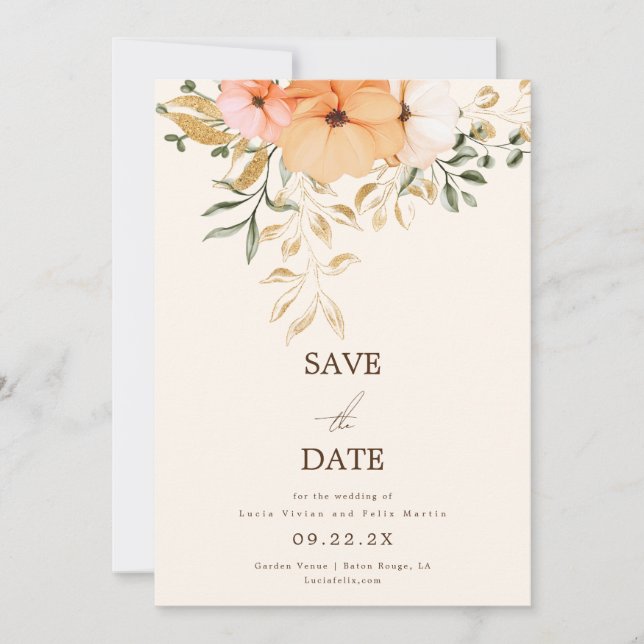 Elegant Golden Fall flowers Save The Date Invitation (Front)