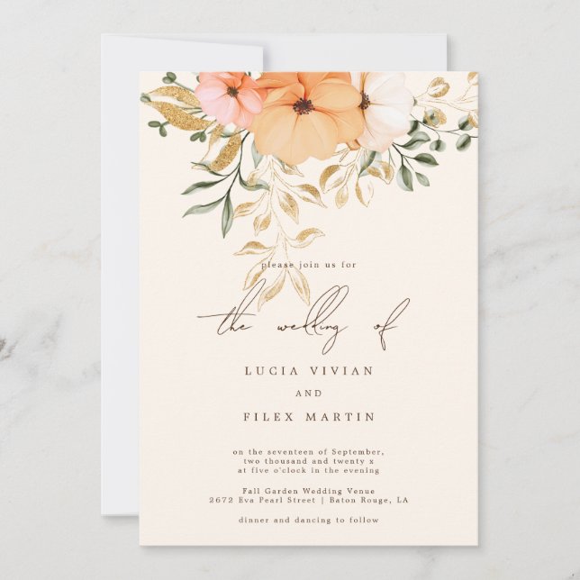 Elegant Golden Fall flowers Wedding Invitation (Front)