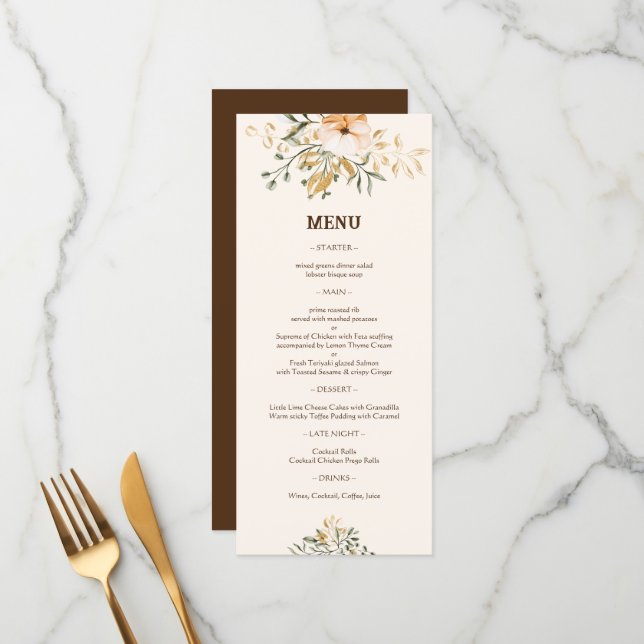 Elegant Golden Fall flowers Wedding Menu (Front/Back In Situ)