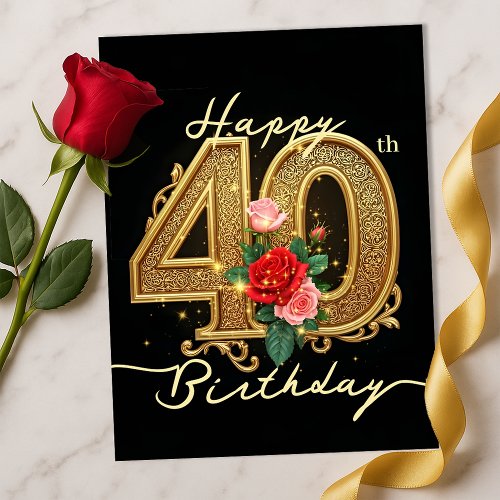 Elegant Golden Filigree Ruby Rose 40th Birthday