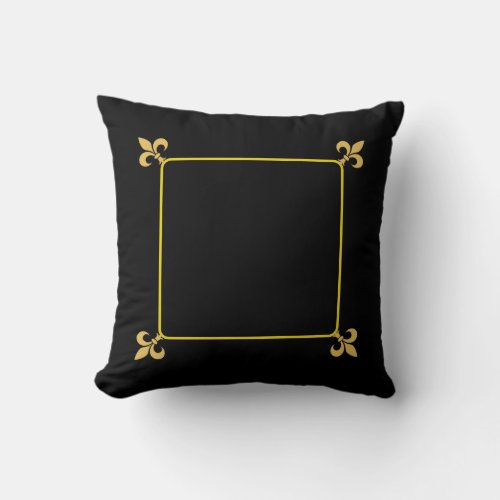 Elegant Golden Fleur de Lis Flowers on Black Throw Pillow