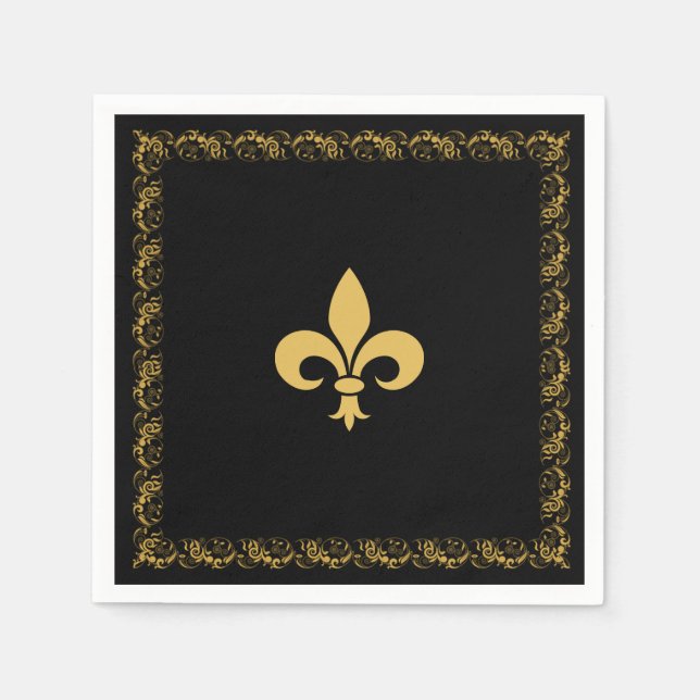 Elegant Golden Fleur-de-Lis  on Black  Napkins (Front)