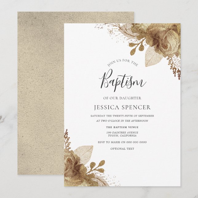 Elegant Golden Floral Baptism Christening Invite (Front/Back)