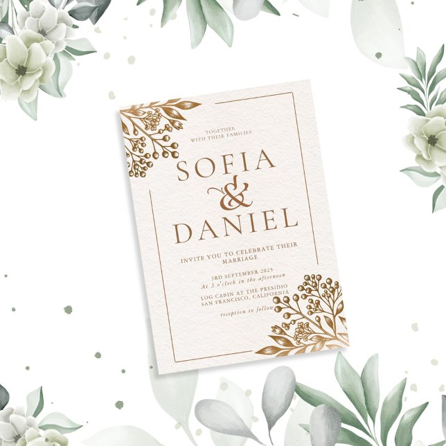 Elegant Golden Floral Beige Wedding Invitation (Creator Uploaded)
