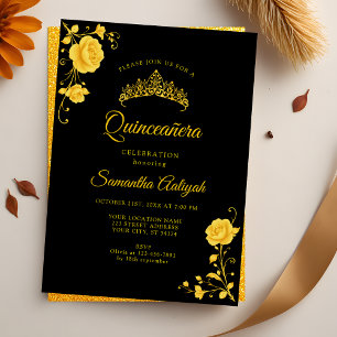 Elegant Golden Floral Black and Gold Quinceanera Invitation