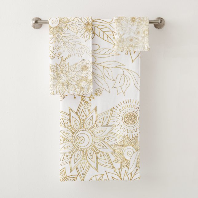 Elegant golden floral doodles design bath towel set (Insitu)