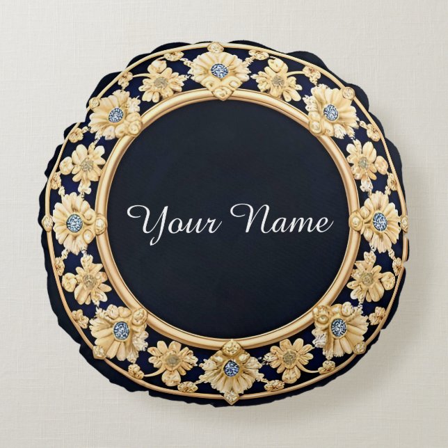 Elegant Golden Floral Frame Round Pillow (Front)