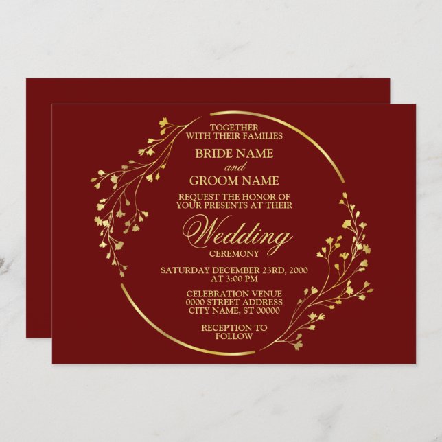 Elegant Golden Floral Geometric Wreath Red Invitation (Front/Back)