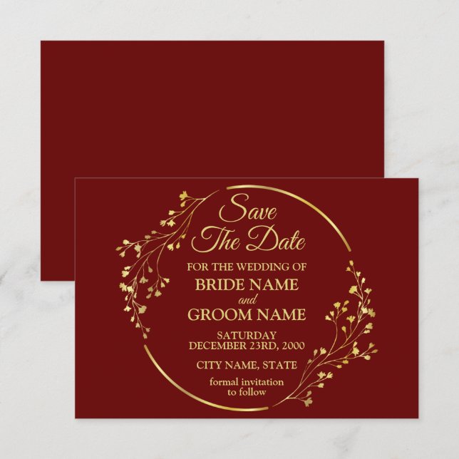 Elegant Golden Floral Geometric Wreath Red Save The Date (Front/Back)