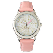 Elegant Golden Floral Line Art Kids Pink Leather