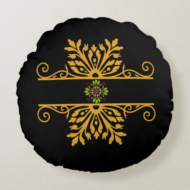 Elegant Golden Floral Ornament Baroque Style Round Pillow (Front)