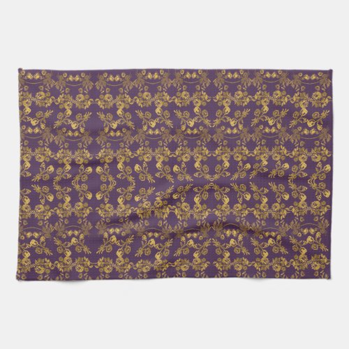 Elegant Golden floral print pattern on purple Kitchen Towel