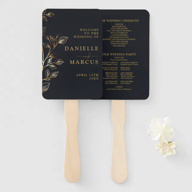 Elegant Golden Floral Wedding Program Hand Fan | Zazzle
