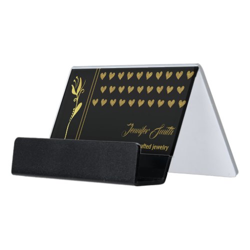Elegant Golden Flower and Hearts Custom Logo Black Desk Business Card Holder