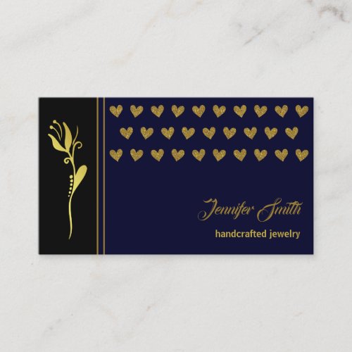 Elegant Golden Flower and Hearts Custom Logo Blue Business Card