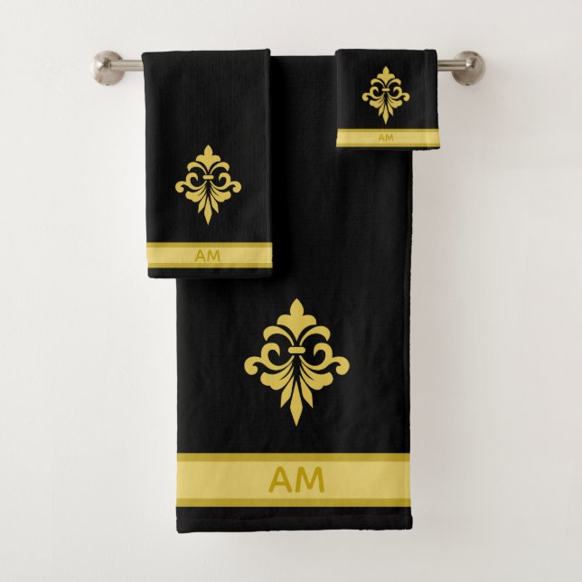 Elegant Golden Flower, Monogram & Stripe on Black Bath Towel Set (Insitu)