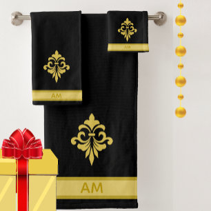 Elegant Golden Flower, Monogram & Stripe on Black Bath Towel Set