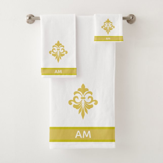 Elegant Golden Flower, Monogram & Stripe on White Bath Towel Set (Insitu)