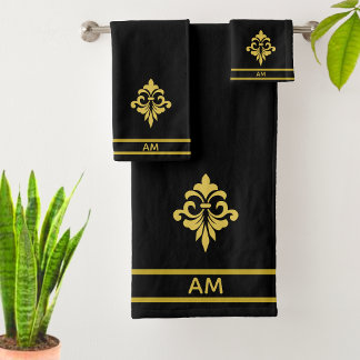 Elegant Golden Flower, Monogram & Stripes on Black Bath Towel Set