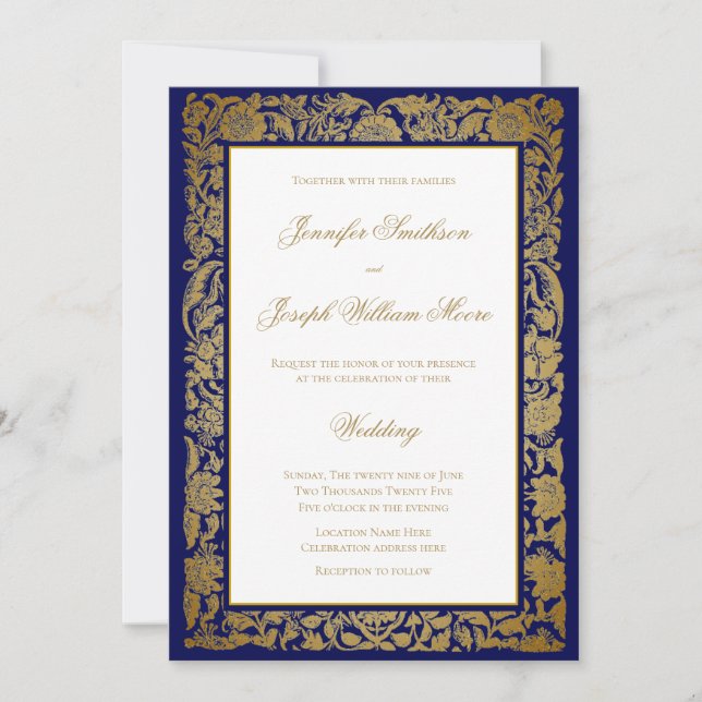 Elegant Golden Flowers and Blue Wedding Invitation (Front)