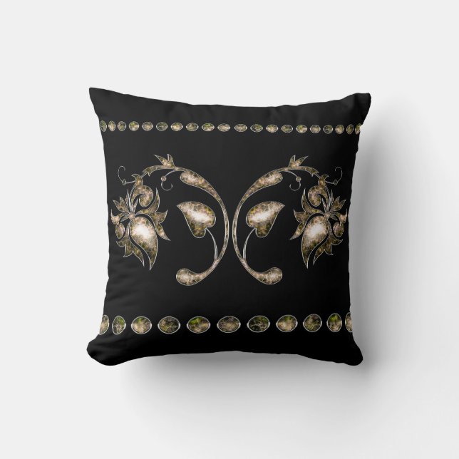Elegant Golden Flowers Black Stylish Throw Pillow (Front)