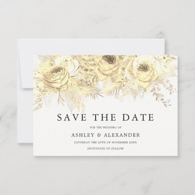 Elegant Golden Flowers Wedding Save The Date (Front)