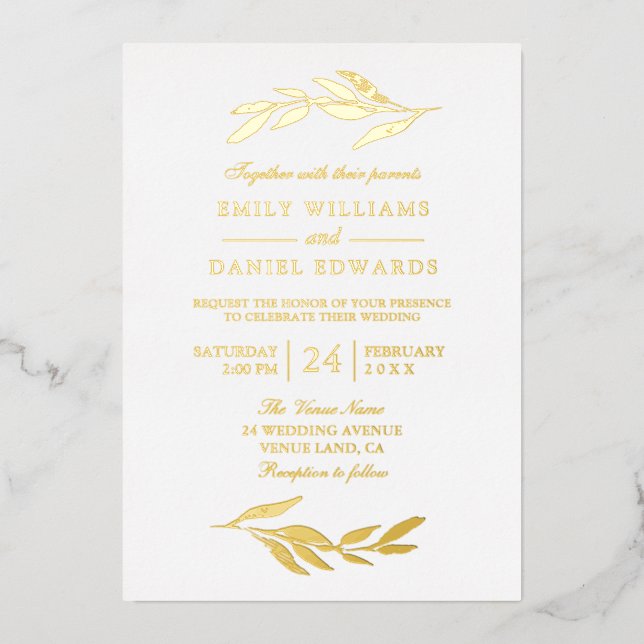 Elegant Golden Foil Leaf Modern Wedding Invitation (Front)