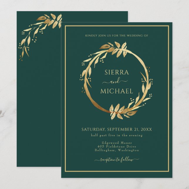 Elegant Golden Foliage Emerald Green Wedding Invitation (Front/Back)