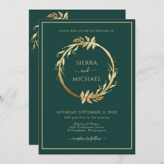 Dark green wreath wedding invitation with gold