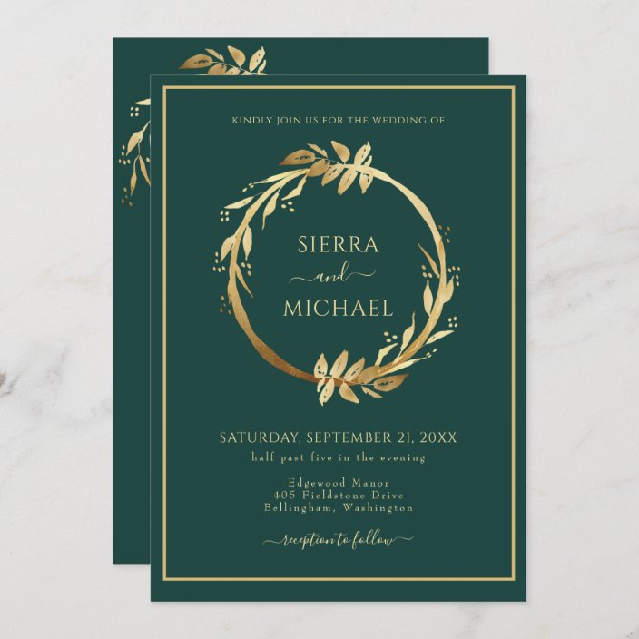 Elegant Golden Foliage Emerald Green Wedding Invitation | Zazzle