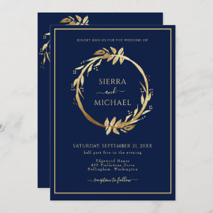Elegant Golden Foliage Navy Blue Wedding Invitation
