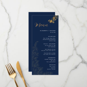 Elegant Golden Foliage Navy Blue Wedding Menu