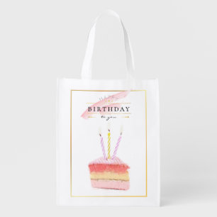 Elegant Golden Frame Birthday Cake Slice Grocery Bag