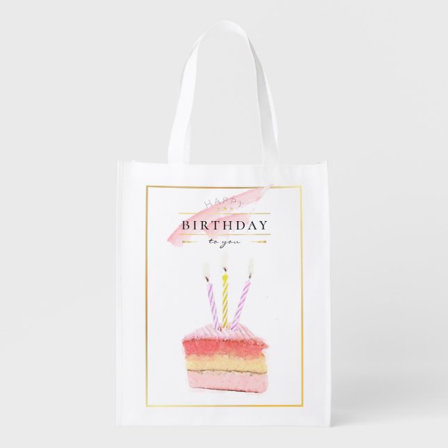 Elegant Golden Frame Birthday Cake Slice Grocery Bag (Front)