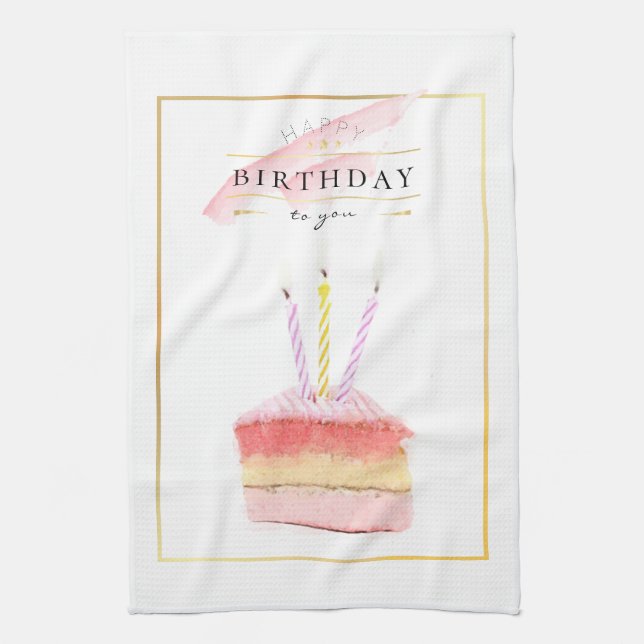 Elegant Golden Frame Birthday Cake Slice Kitchen Towel (Vertical)