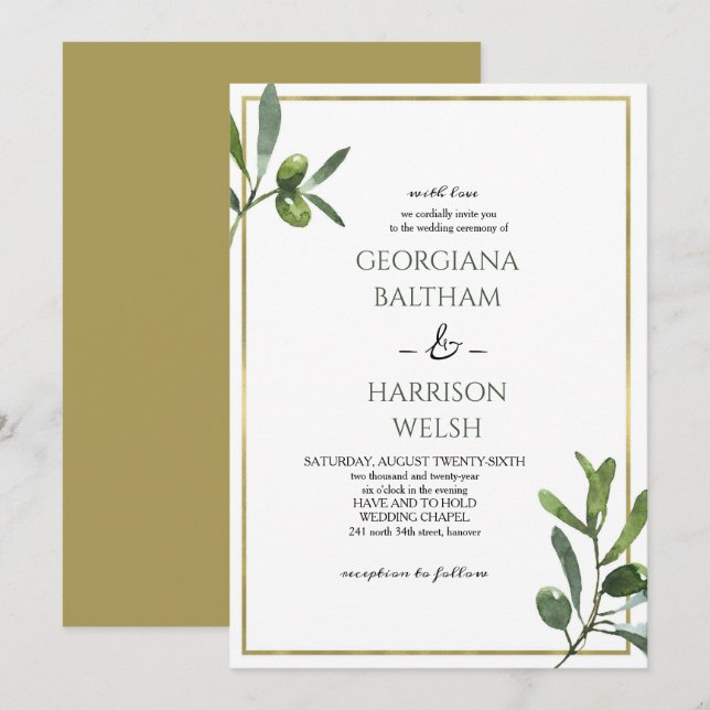 Elegant Golden Frame & Olive Leaves Wedding Invitation (Front/Back)