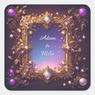 Elegant Golden Frame with Pearls Square Sticker